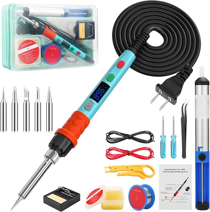 Soldering Iron Kit, 90W LED Digital Soldering Gun kit with Ceramic Heater, 110V Adjustable Temperature Solder Welding Iron Kits, Auto-sleep, Thermostatic Design, Blue