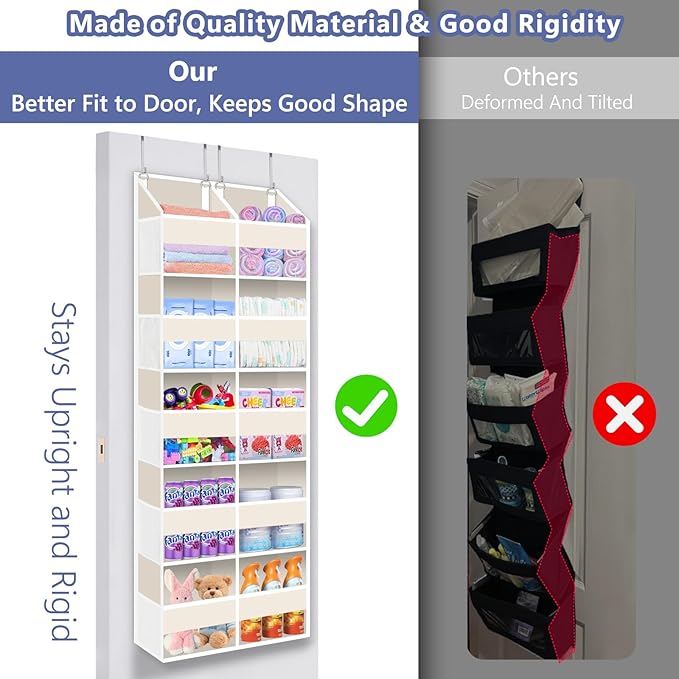 Heavy Duty Over The Door Organizer 5 Tiers, Extra Large Behind Door Storage of 10 Big Front & 10 Mesh Pockets, 80lb Weight Capacity, Doors Organizer Hanging for Closet Bathroom Bedroom Nursery, Beige