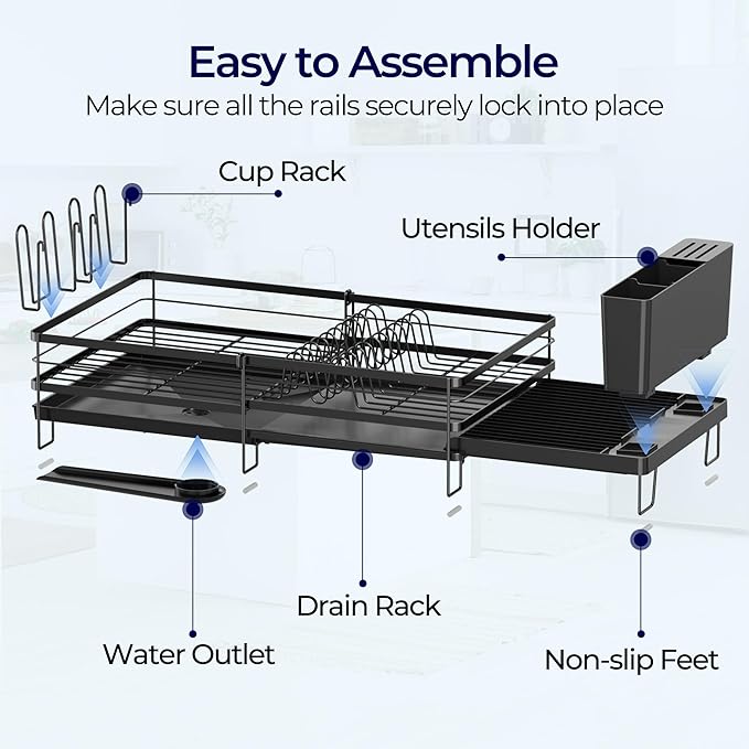 Large Dish Drying Rack, Expandable Dish Rack for Kitchen Counter, Upgraded Dish Drainer with Drainboard Set, Multifunctional Dishrack with Utensil Holder & Cup Holder, 13.4"-28.7" L x 11.8" W
