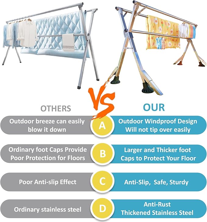 95 Inches Clothes Drying Rack Clothing Windproof Design, Heavy Duty Stainless Steel Laundry Drying Rack Folding Indoor Outdoor, Foldable Portable Clothing Racks for Hanging Clothes, 20 Hooks 12 Clips