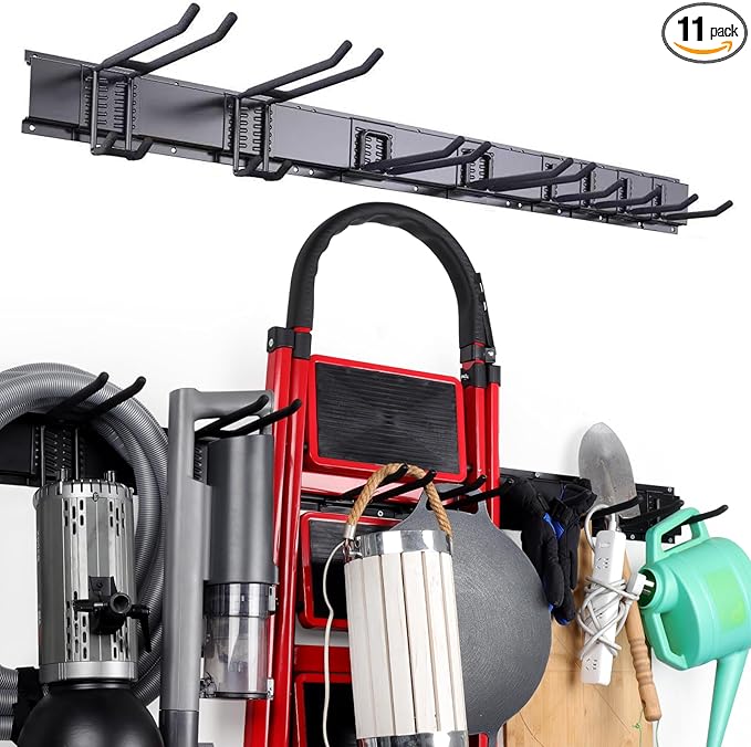 11Pcs Garage Wall Mount Tool Storage Rack - Adjustable Garden Tool Storage Hooks, Heavy Duty Utility Shed Organization Rack for Hanging Rake, Broom, Mower, Snowboard and Other Yard Tool