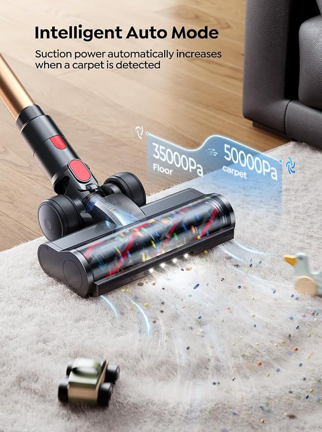 Cordless Vacuum Cleaner, 600W 50KPA 65 Mins Runtime Self-Standing Vacuum Cleaners for Home, Stick Vacuum with Charging Dock Station Removable Battery, Handheld Vacuum for Pet Hair/Carpet/Floor