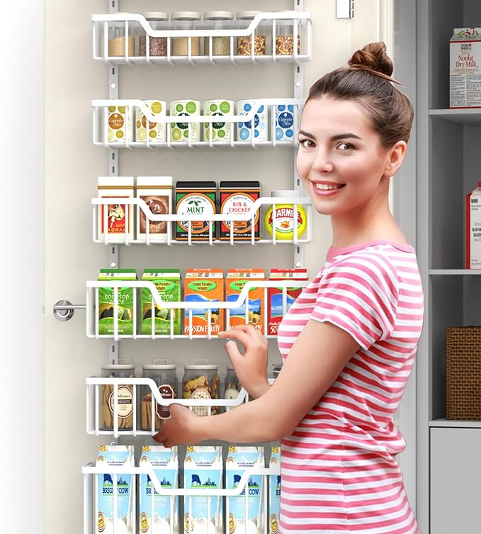 Over The Door Pantry Organizer, 8-Tier Pantry Door Organizer Shelves | 3 Sizes | Adjustable Basket | Metal Hanging Spice Rack for Kitchen, Pantry, Cabinet, Back of Door Seasoning Rack, White