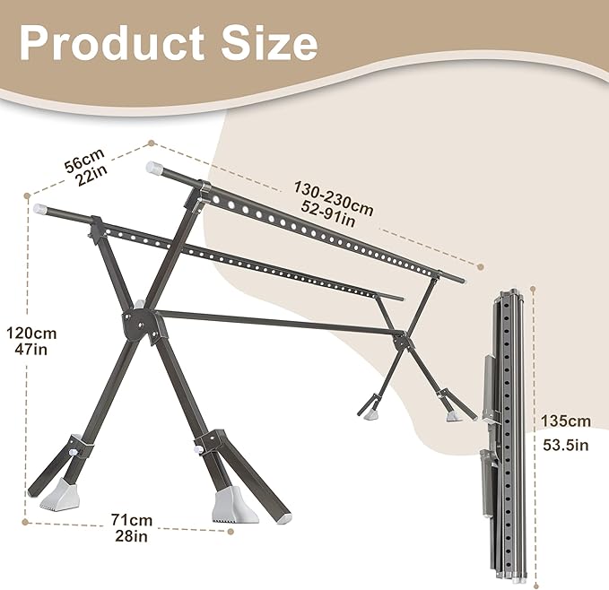 52-91 Inches Clothing Rack, Clothes Drying Rack Foldable, Length Adjustable, Laundry Clothes Drying Rack, Heavy Duty, Indoor Outdoor, with 42 Windproof Hooks, Easy Installed