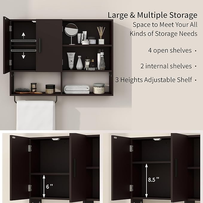 Wooden Bathroom Organizers, Over The Toilet Storage Cabinet with 2 Doors, Adjustable Shelves & Towel Bar, Wall Mounted Medicine Cabinet for Kitchen & Laundry, Espresso