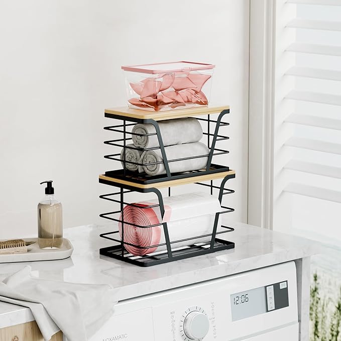 2 Pack Stackable Storage Laundry Kitchen Organizers, Wall Mount Trash Bag Holder with Bamboo Top and Garbage Bag Dispenser No Drill