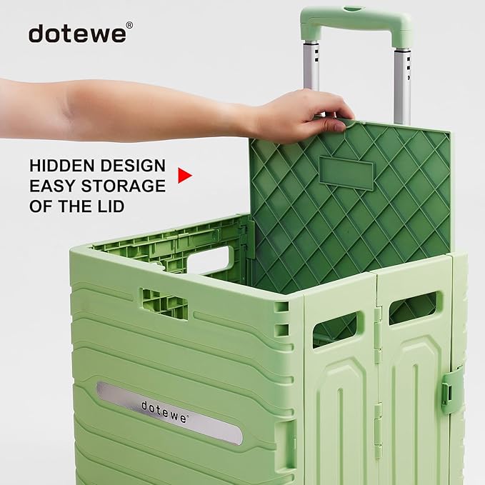 Folding Utility Cart Portable Rolling Crate Handcart Foldable Shopping Trolley Collapsible, with Lid, on Wheels, for Grocery, Garden, Office, Storage, Teacher, Tool (Green)