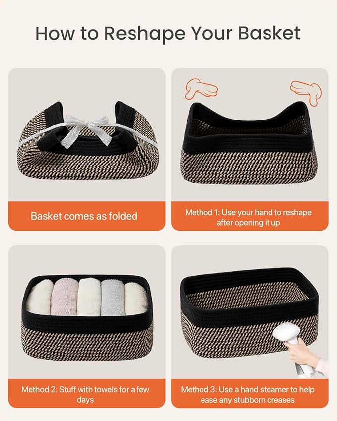 Small Woven Basket, 13.5 x 9.5 x 5 Inches, Storage Basket for Organizing, Cute Small Rope Shelf Closet Cube Storage Bins Baskets for Shelves, Dog Toy Gift Baskets Empty, 3 Pack Black & Brown