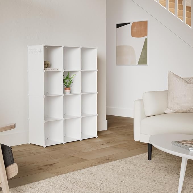 C&AHOME Cube Storage Organizer, 12-Cube Shelves Units, Closet Cabinet, DIY Plastic Modular Book Shelf, Ideal for Bedroom, Living Room, Office, 36.6" L x 12.4" W x 48.4" H Milky UPCS12M