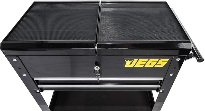 JEGS Heavy-Duty Tool Box Cart | 220 LBS Capacity | Uses Four 4” Caster Wheels | Includes 2 Keyes and 6 Drawer Liners | Black with JEGS Logo | 2 Locking Drawers | Sliding Top