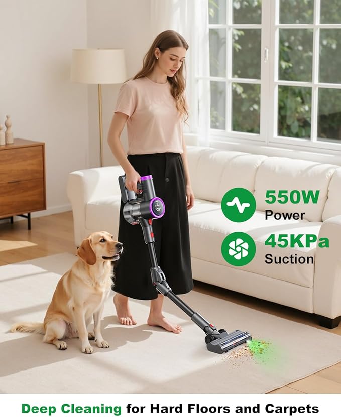 Cordless Vacuum Cleaner Bendable 6-in-1 Stick Vacuum — Lightweight with 45mins Runtime, LED Display & Headlight, Rechargeable for Carpet, Tile, Pet Hair & Hardwood Floors (Purple)