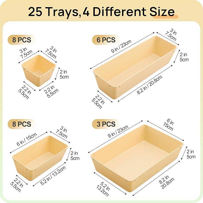 Vtopmart 25 PCS Plastic Drawer Organizers Set, 4-Size Versatile Bathroom and Vanity Drawer Organizer Trays, Storage Bins for Makeup, Bedroom, Kitchen Gadgets Utensils and Office