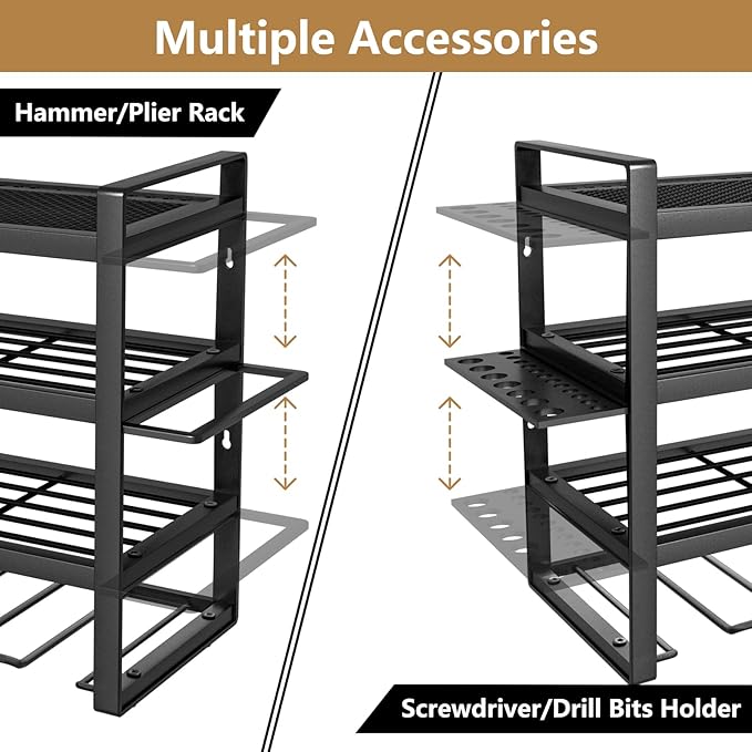 Power Tool organizer, 4 Layer Heavy Duty Metal tool Organizer Loads 260lbs, Garage Wall Organizer 8 Cordless Drill Holder, Wall mounted Tool Organizer for Garage Workshop - 33 Inch