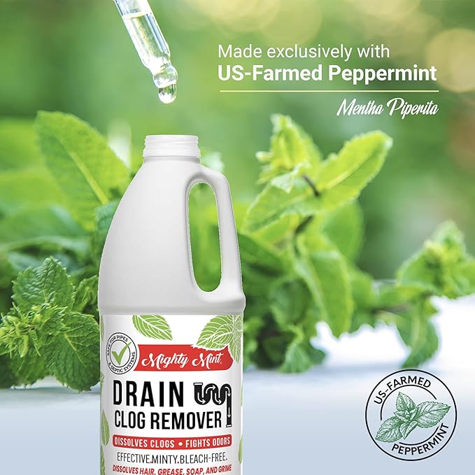 Mighty Mint Drain Clog Remover, Safe for Pipes and Septic, Dissolves Hair & Grease, Clears Blocked Drains and Deodorizes, Natural Mint Scent, 32oz (Pack of 2)