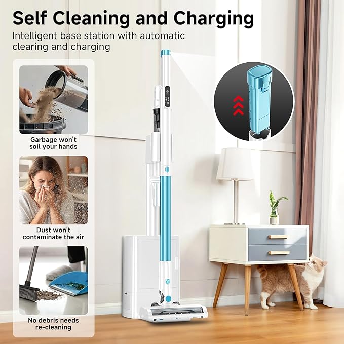 Self Clean and Empty Cordless Vacuum Cleaner with 2.5L Dust Base, Powerful Suction Handheld Vacuum, Auto Empty System, HEPA Filtration, Stick Vacuum for Pet Hair, Hardwood and Carpet, Blue