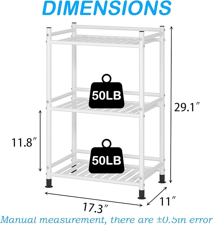 3 Tier Bathroom Storage Open Shelf Unit, Free-Standing Metal Corner Rack Shelving for Kitchen, Living Room, Hallway (White, Wider 3 Tier)