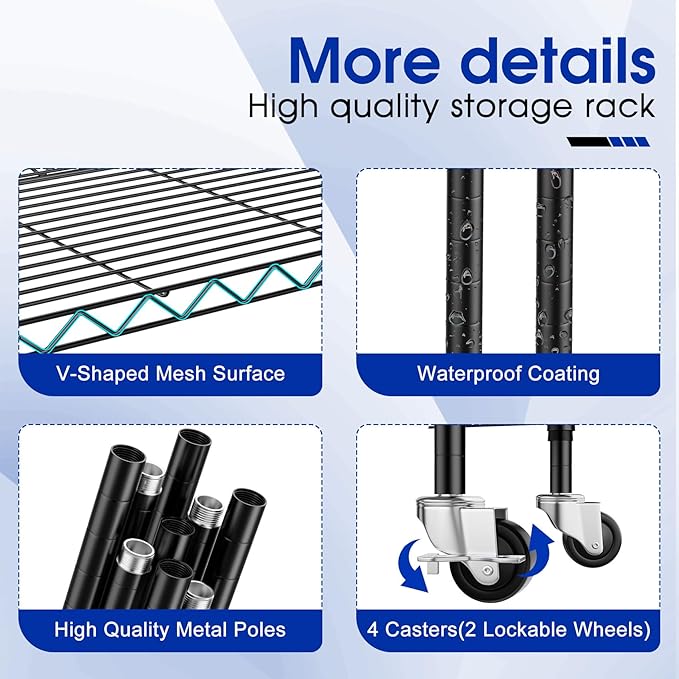 3 Pack Adjustable 6-Tier Storage Shelves with Wheels, 750 lbs Capacity Heavy Duty Wire Shelving Rack, 14" D x 24" W x 71" H Rolling Metal Shelving for Garage, Closet, Kitchen