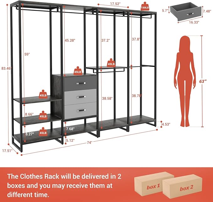 Aheaplus Wood Clothes Rack Wardrobe Organizer for Hanging Clothes, Heavy Duty Garment Rack, Large Corner L Shaped Closet System with 3 Wood Drawers, White and Grey