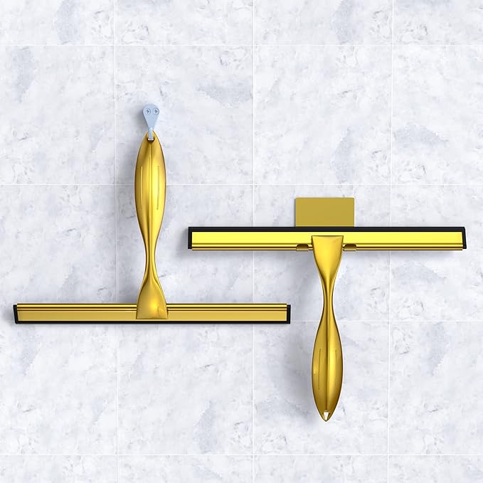 Shower Squeegee for Glass Door 12-Inch Stainless Steel Bathroom Squeegee Window Wiper, with Shower Door Hook, Adhesive Hook, and Spare Silicone Blade for Window Mirror Car All-Purpose Squeegee