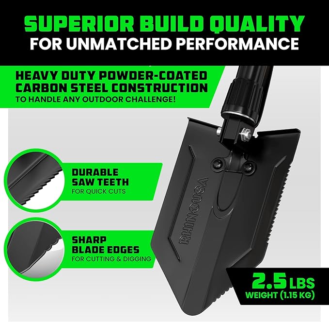 RHINO USA Folding Survival Shovel w/Pick - Heavy Duty Carbon Steel Military Style Entrenching Tool for Off Road, Camping, Gardening, Beach, Digging Dirt, Sand, Mud & Snow.