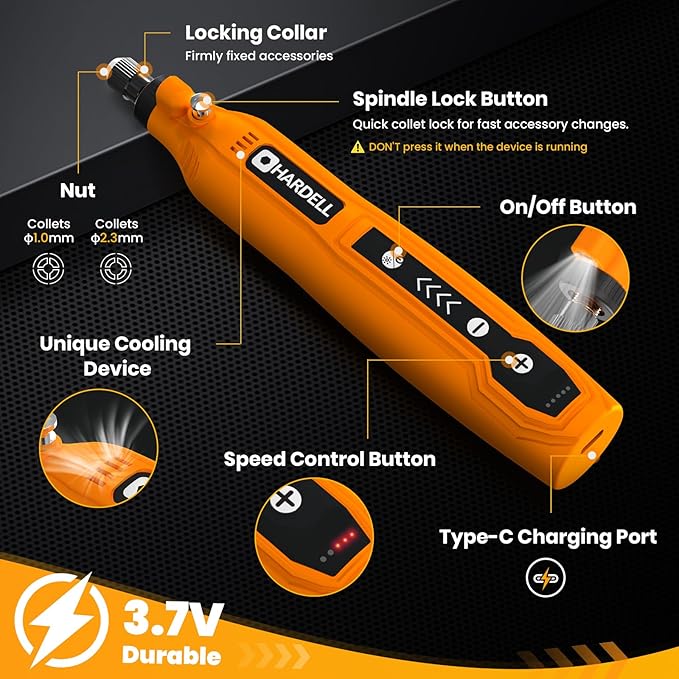 HARDELL Mini Cordless Rotary Tool 3.7V, 5-Speed and USB Charging with 35 Accessories, Multi-Purpose Power Rotary Tool for Sanding, Polishing, Drilling, Carving, Engraving, DIY Crafts