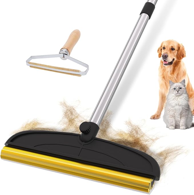 2 in 1 TPU and Copper Rake Teeth Carpet Rake for Pet Hair Removal,60inch Adjustable Long Handle Pet Hair Remover Tool,Reusable Cat Dog Hair Rake Broom,Lint Remover Scraper for Carpet,Bed(Black-Silver)