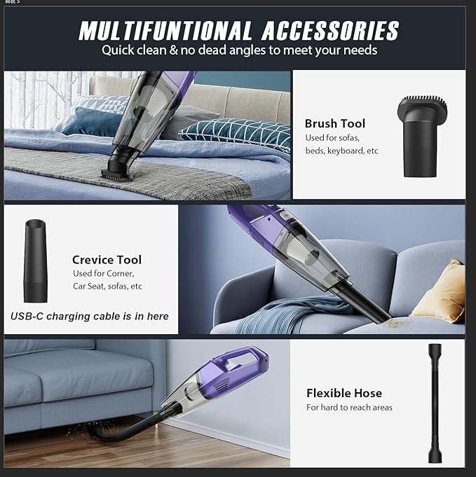 Handheld Vacuum Cordless – Car Vac Portable with 8KPA & Multi Accessories & Low Noise, Lightweight Hand Held Vacuum Cordless Rechargeable for Car/Home/Dust/Pet Hair, Mine Portable Vacuum