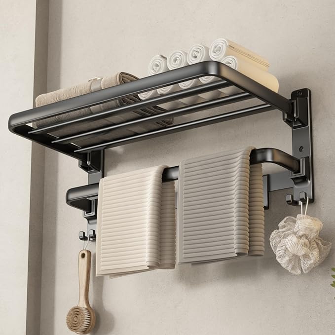 VOLDRA Towel Racks for Bathroom, 24-Inch Towel Shelf with Towel Bar Foldable Towel Holder with 7 Hooks Towel Storage Organizer for Bathroom & Lavatory Wall Mounted(Matte Black)