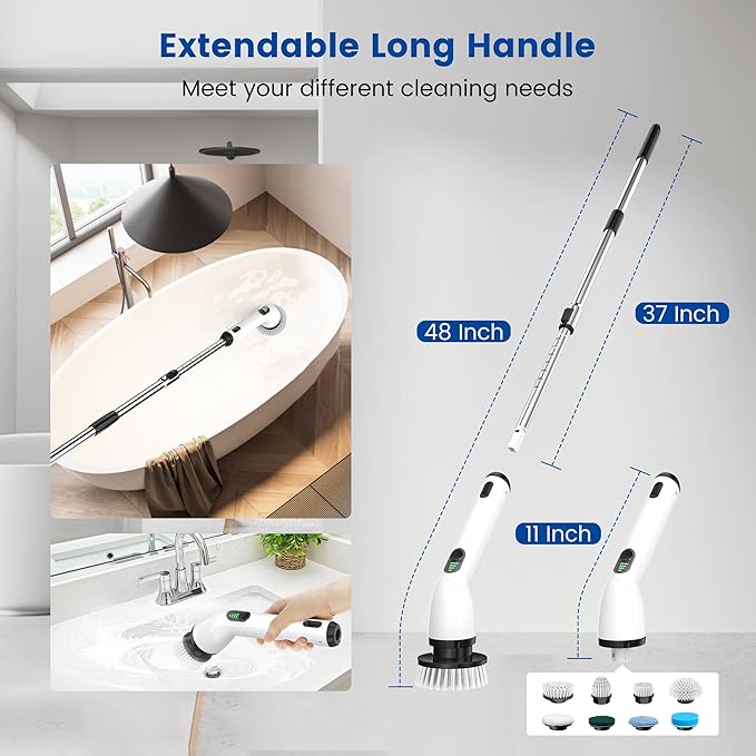 Electric Spin Scrubber, Full-Body IPX7 Waterproof Cordless Shower Scrubber with 8 Replaceable Heads, Upgraded Extension Handle, 2H Work Time, 2 Speeds for Bathroom Shower Tile Glass