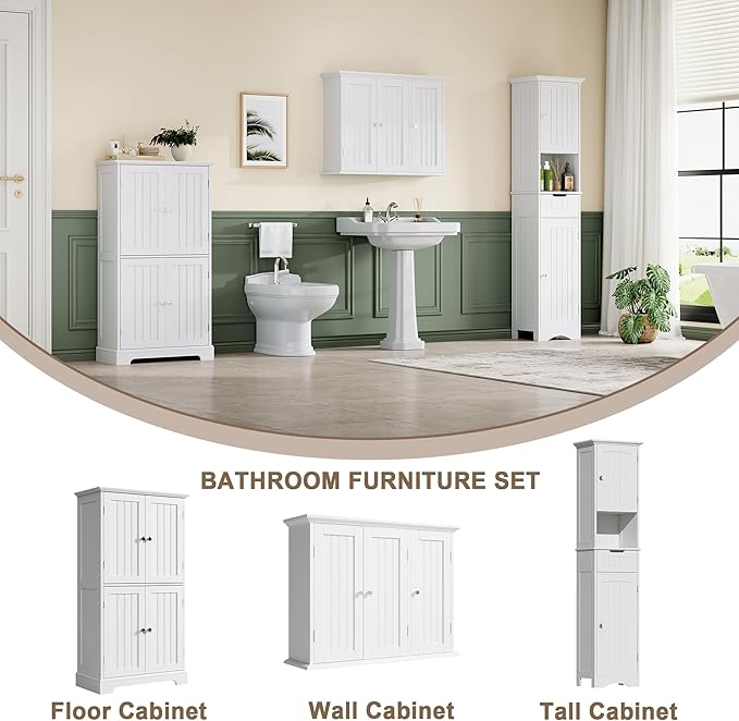 ChooChoo Bathroom Wall Cabinet with 3 Doors, Laundry Cabinet Wall Mounted, Medicine Cabinet with Adjustable Shelves, Hanging Kitchen Cupboard Organizer, White