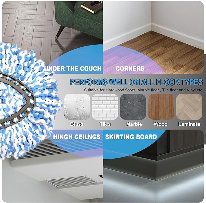 Easywring 1-Tank System,Mop Replacement Heads for O-Ceda Mop Replace Head, Spin Mop Heads Replacements, Microfiber Spin Mop Refills, Easy Cleaning Mop Head Replacement (Blue and White 3pcs)
