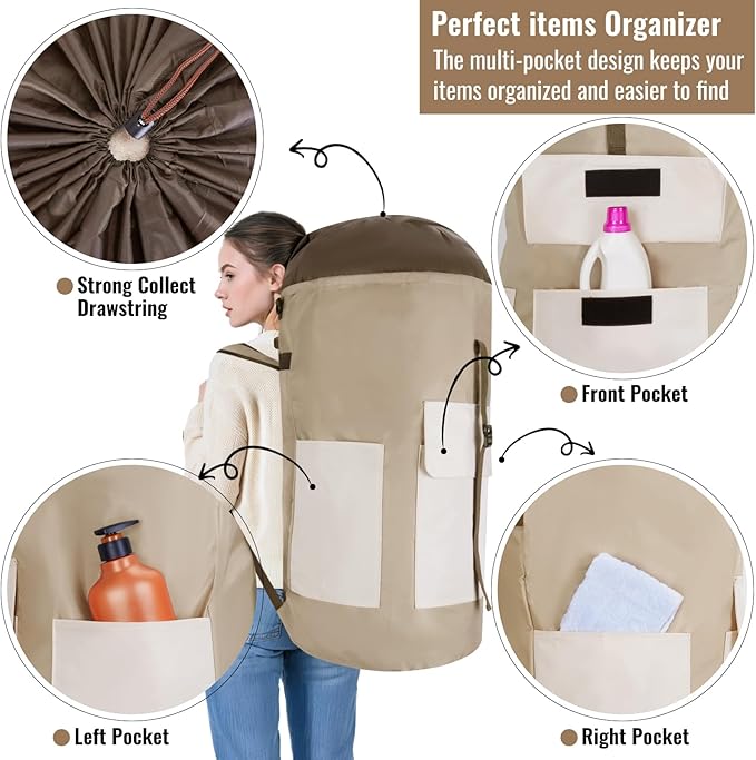Laundry Bag Backpack, 125L Extra Large Travel with Shoulder Straps, Adjustable & Extendable Design, Laundry Hamper Bag with 3 Pockets for Laundromat, College, Travel, Camping (Brown)