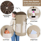 Laundry Bag Backpack, 125L Extra Large Travel with Shoulder Straps, Adjustable & Extendable Design, Laundry Hamper Bag with 3 Pockets for Laundromat, College, Travel, Camping (Brown)