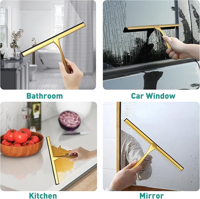Shower Squeegee for Glass Doors,12-Inch Shower Glass Squeegee, Gold Shower Squeegee for Shower Doors,Mirror,Windows, with Shower Door Hook and Adhesive Hook