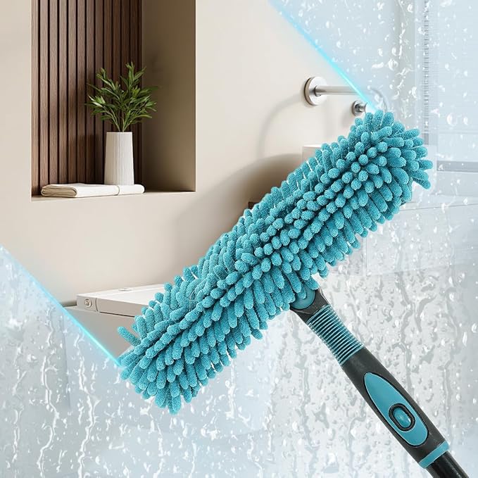 AIDELY 62" Window Squeegee, 2 in 1 Window Cleaning Tool with Telescopic Pole, Rotatable and Bendable Head for High Windows Indoor Outdoor, Includes 2 Blades & 2 Pads (Microfiber+Pads)