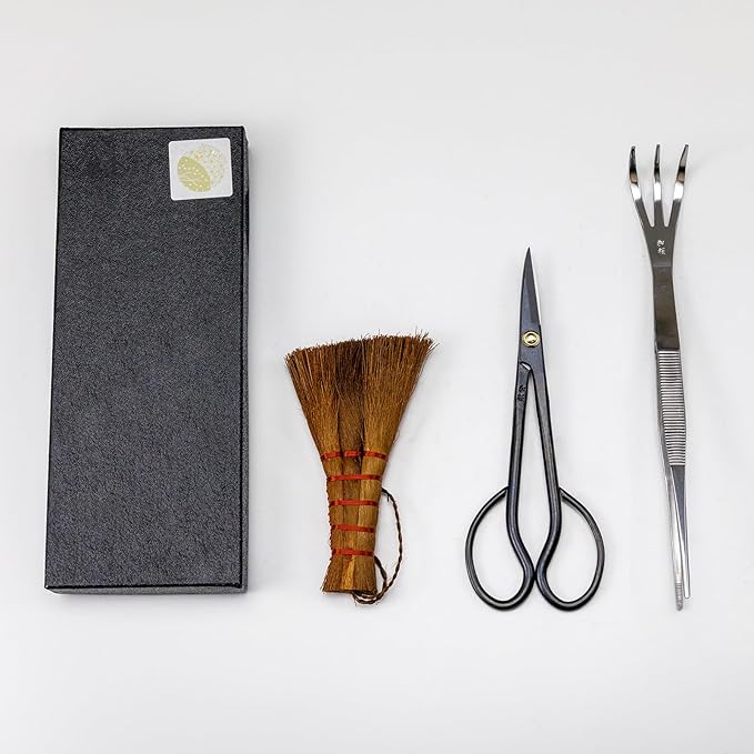 Hanafubuki Wazakura Japanese Bonsai Garden Tool Starter Kit, Made in Japan, Satsuki Scissors, Stainless Tweezers with Rake, Chinese Broom - 3 PCS Set
