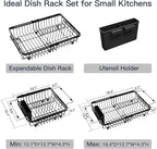 MAJALiS Expandable Stainless Steel Over The Sink Dish Drying Rack for Small Kitchen Counter Space Saving, Compact RV Plate Drainer Strainer in Black Wire Metal with Hanging Adjustable Utensil Holder