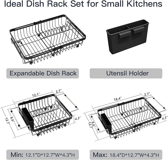 MAJALiS Expandable Stainless Steel Over The Sink Dish Drying Rack for Small Kitchen Counter Space Saving, Compact RV Plate Drainer Strainer in Black Wire Metal with Hanging Adjustable Utensil Holder