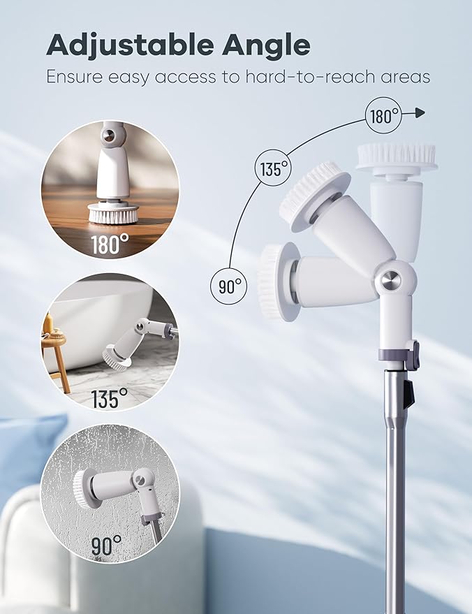Electric Spin Scrubber,Floor Shower Scrubber with Long Handle Power Scrubber Dual Speeds,Cleaning Brush Cordless Scrub Brush with 3 Adjustable Angles,8 Brush Heads for Bathroom,Tile