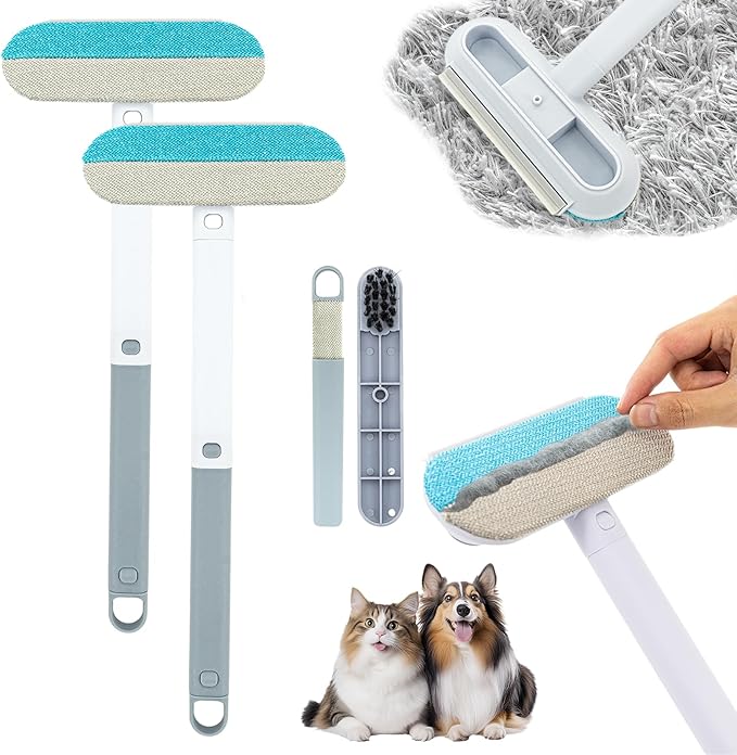 2 Pcs Multifunctional 4-in-1 Pet Hair Remover Brush & Window Screen Cleaner, Reusable Lint Brush with Long Handle，Pet Hair Removal for Furniture, Couch, Carpet, Clothes, Car Interior Cleaning