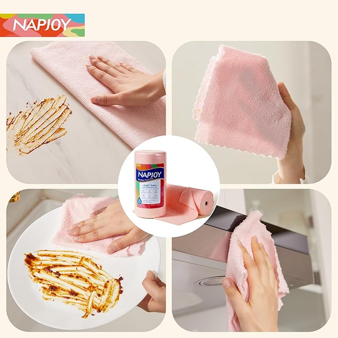 Napjoy Microfiber Cleaning Cloth Roll, 75PK Easy Tear Away Reusable Paper Towels, 12" x 12", Ultra Soft Micro Fiber Dish Cloths for Kitchen, Housekeeping, Window, Car, Garden, Bathroom, Pink