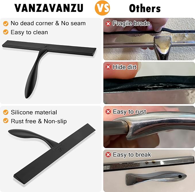 Squeegee for Shower Glass Door, 11-Inch Shower Squeegee for Glass Doors, Bathroom Silicone Squeegees Wiper for Shower with Non-Slip Handle, No-Drilling Silicone Hanging Hook, for Tiles, Mirror(Black)