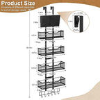 Adjustable Over The Door Organizer, Closet Door Organizer Heavy Duty Hanging Door Storage with 4 Metal Baskets and PVC Pocket, Behind Organizer for Bathroom Closet Bedroom Cabinet, Black