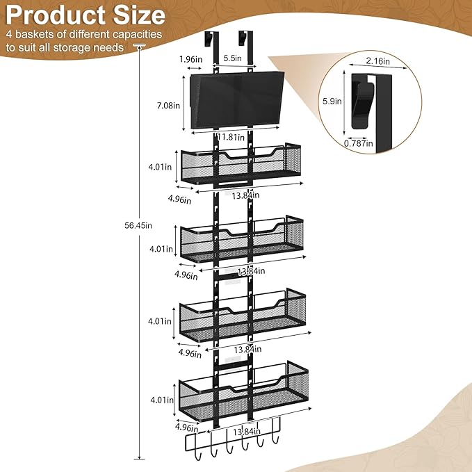 Adjustable Over The Door Organizer, Closet Door Organizer Heavy Duty Hanging Door Storage with 4 Metal Baskets and PVC Pocket, Behind Organizer for Bathroom Closet Bedroom Cabinet, Black