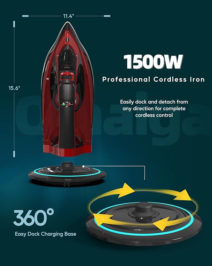 Cordless Iron for Clothes - 1500W Steam Iron with Non-Stick Ceramic Soleplate, Rapid Heating, Auto Shut Off, Burst of Steam, Self-Clean, Anti-Drip, Anti-Calc, 3 Temperature Settings, Red