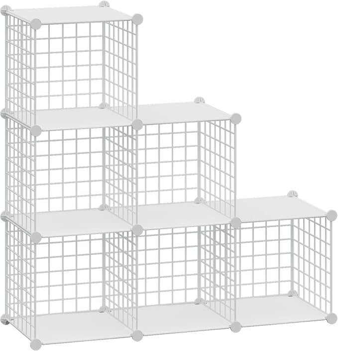 HUBSON Wire Cube Storage Organizer, Book/Toy/Craft/Potted Plants and petCloset Organizers and Storage Shelves, 6-Cube Freely Combinable Metal Grids Storage Shelf,White Plus Iron