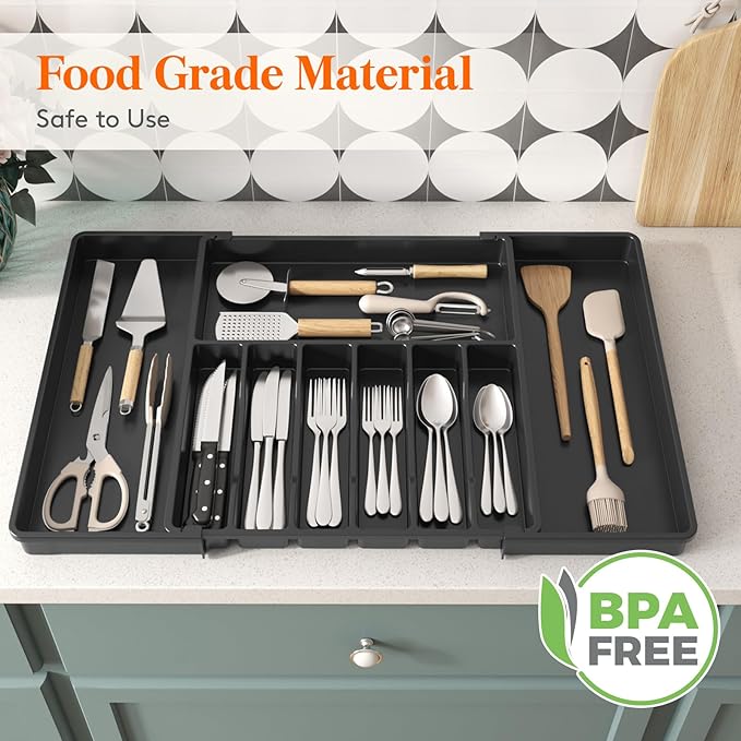 Lifewit Silverware Drawer Organizer, Expandable from 16.9 to 30 inches, Large Utensil Tray for Kitchen, Adjustable Cutlery Holder, Plastic Flatware Storage for Spoons Forks Knives, Black