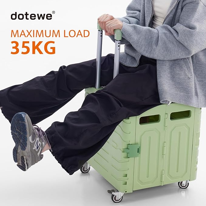 Folding Utility Cart Portable Rolling Crate Handcart Foldable Shopping Trolley Collapsible, with Lid, on Wheels, for Grocery, Garden, Office, Storage, Teacher, Tool (Green)