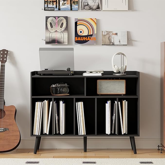 ChooChoo Record Player Stand, Turntable Stand with Vinyl Storage, Record Player Cabinet Up to 350 Albums, Cube Storage Organizer for Living Room, Black