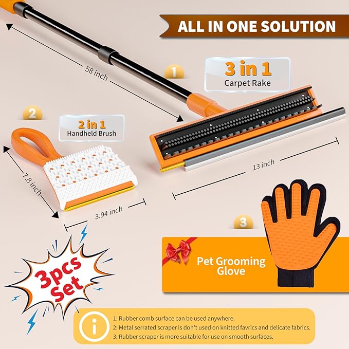 Carpet Rake for Pet Hair Removal - 3 in 1 Pet Hair Remover Tool with 58" Adjustable Long Handle,Reusable Dog & Cat Carpet Scraper,Pet Hair Remover for Rugs,Mats,Couch,Curtains(Orange)